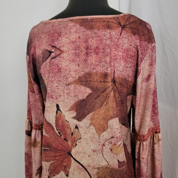 One World Leaf Print Dress Red M Medium Women's NEW long sleeve embroidered - Picture 6 of 11
